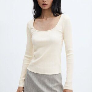 NWT Mango Cream Ribbed Scoop Neck Top, Size S